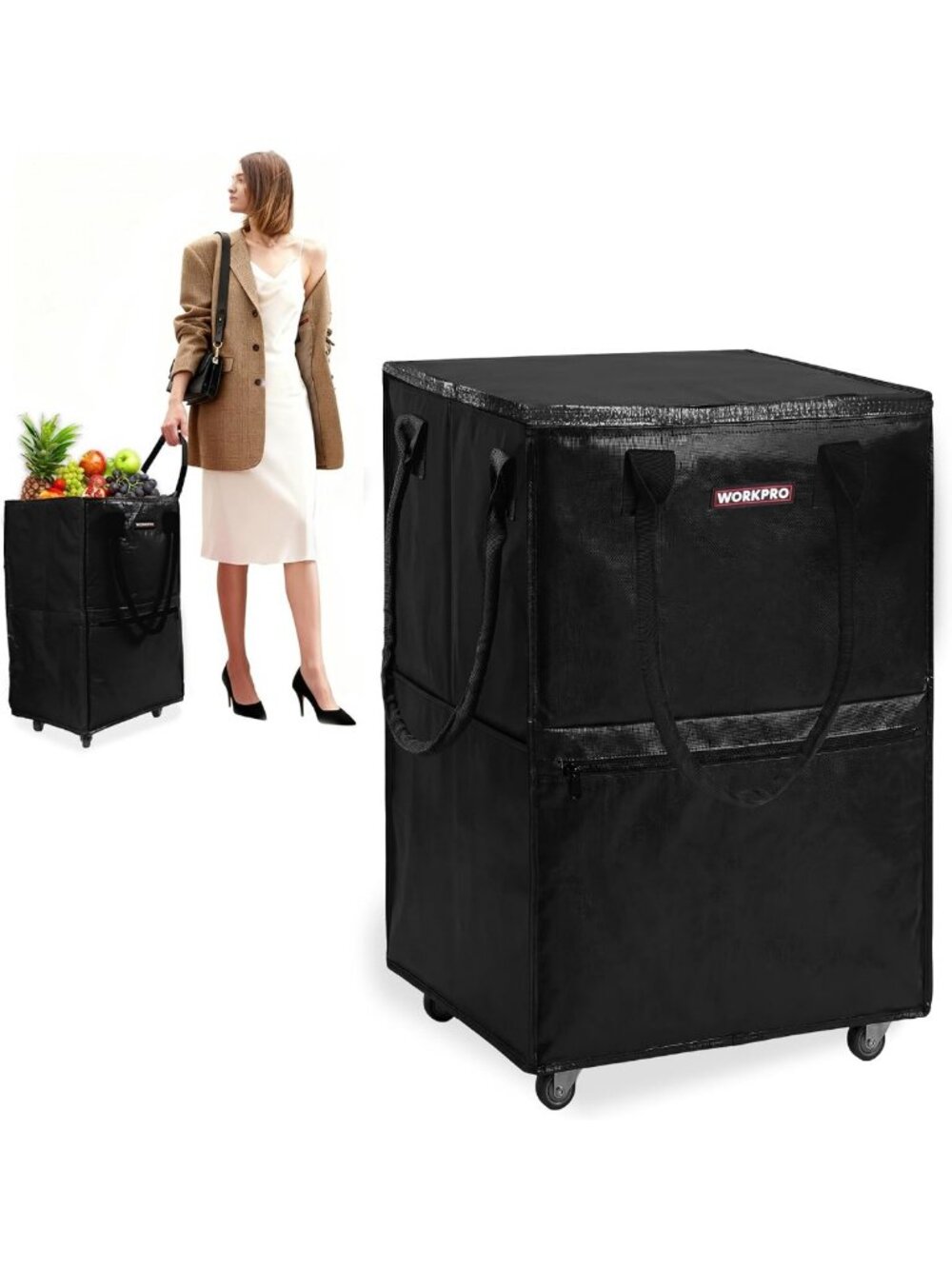 Spacious 18-Gallon Rolling Grocery Bag Tote with 4 Wheels for Easy Shopping